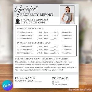 Könnte beinhalten: Ein Immobilienbericht mit dem Titel "Updated Property Report". Er enthält Abschnitte für zum Verkauf stehende und kürzlich verkaufte Immobilien mit Adresse, Schlafzimmern, Badezimmern, Quadratmetern und Verkaufspreis. Ein Foto einer Frau mit einem Dokument befindet sich oben rechts.