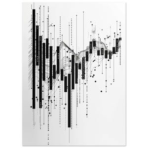 Könnte beinhalten: Abstrakter Schwarz-Weiß-Kunstdruck mit einem komplexen geometrischen Design. Das Kunstwerk umfasst vertikale Balken, gepunktete Linien und geschwungene Linien, die eine dynamische visuelle Komposition erzeugen. Der Druck ist auf weißem Hintergrund.
