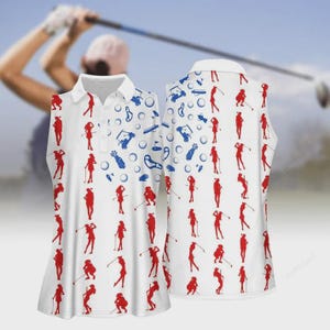 May include: White sleeveless golf shirt with a collared neckline. The shirt features a pattern of red golf figures and blue golf-related icons. The background shows a golfer in action.