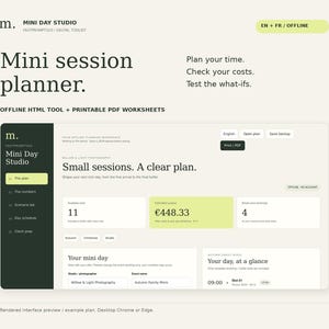 May include: A digital mini session planner interface titled Mini Day Studio. The screen displays planning tools, cost calculators, and printable PDF worksheets. The layout features a dark sidebar, light background, and text fields for event details.