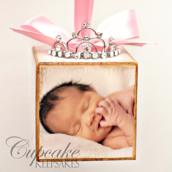 No.10 Personalized Pink Princess Tiara Birth Announcement Photo Baby Block Ornament Shower Gift Girl Nursery Decor