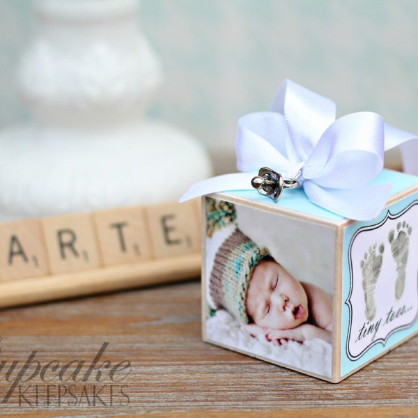 No.8 Modern Vintage Inspired New Baby Boy Personalized Photo Block Ornament Gift