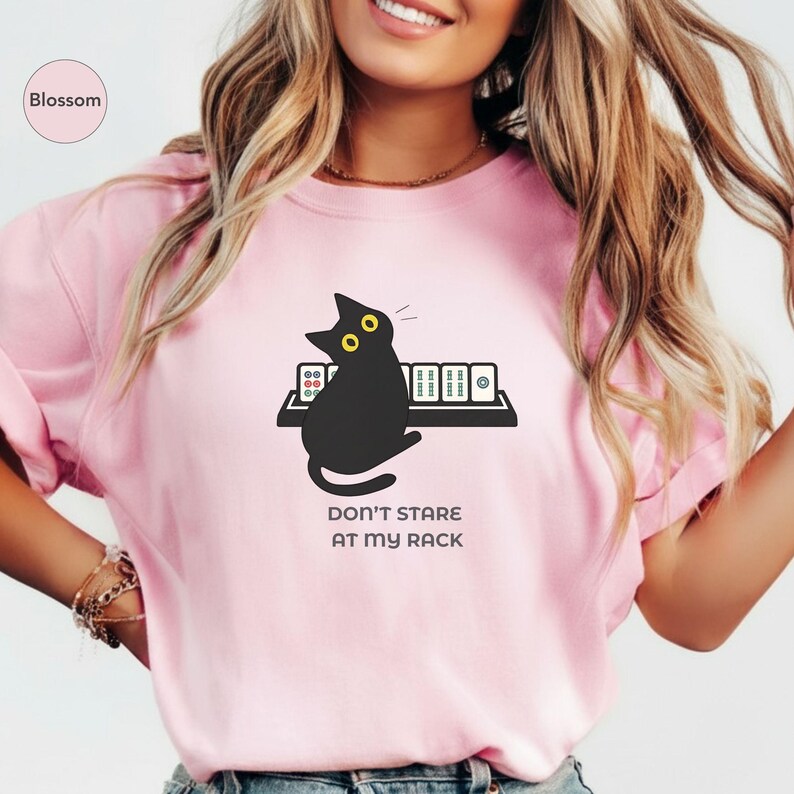 Funny Mahjong Cat Shirt, Don't Stare At My Rack Mahjong Player Gift, Sarcastic Tile Game Tee, Mahjong Lover Shirt, Black Cat Mahjong Gift image 3