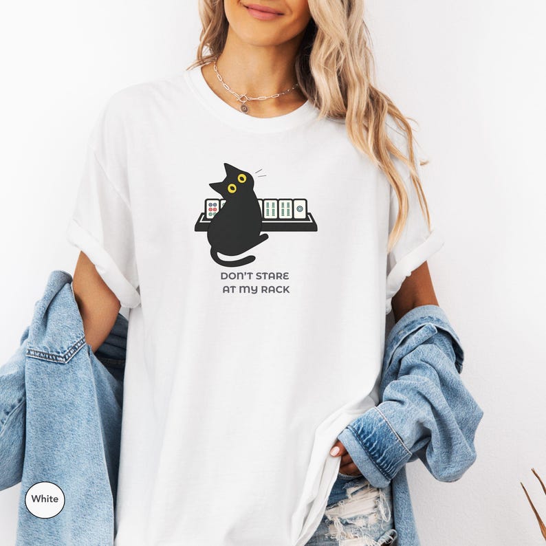 Funny Mahjong Cat Shirt, Don't Stare At My Rack Mahjong Player Gift, Sarcastic Tile Game Tee, Mahjong Lover Shirt, Black Cat Mahjong Gift image 9