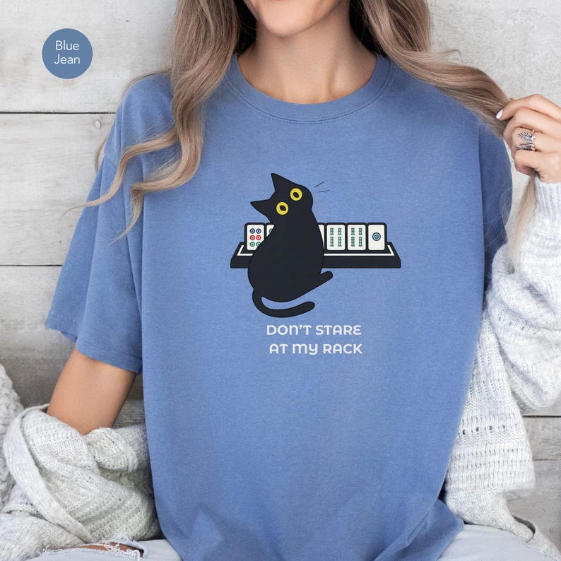Funny Mahjong Cat Shirt, Don't Stare At My Rack Mahjong Player Gift, Sarcastic Tile Game Tee, Mahjong Lover Shirt, Black Cat Mahjong Gift image 5