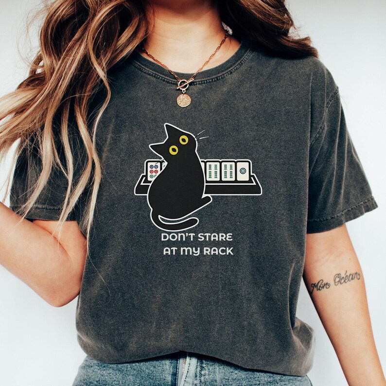 Funny Mahjong Cat Shirt, Don't Stare At My Rack Mahjong Player Gift, Sarcastic Tile Game Tee, Mahjong Lover Shirt, Black Cat Mahjong Gift image 2