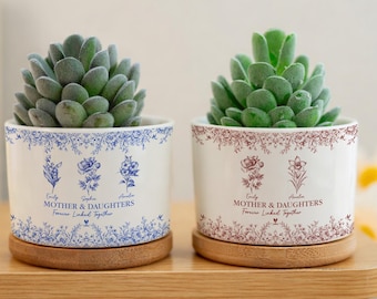 Personalized Mother and Daughter forever Toile de Jouy Ceramic Planter, Birth Flower Ceramic Pot, Create Your Own Pot, Garden Gift for Mom