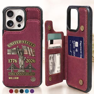 Personalized America 250th Anniversary Leather Flip Wallet Phone Case, Military Card Slots Phone Cover, Patriotic Gift for Dad, 4th of July