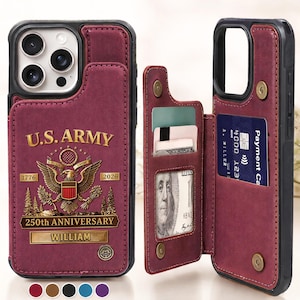 USA 250th Anniversary Leather Flip Wallet Phone Case, Personalized Name American 4th of July Phone Case, Card Holder Cover for Military Army