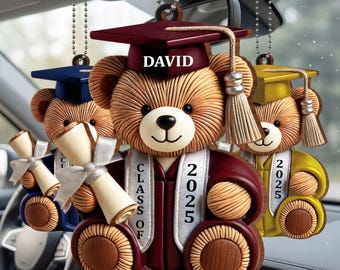 Custom Graduation Wishes Teddy Bear Ornament, Personalized Graduation Car Ornament, Wood Ornament Gift For Graduates, Senior Graduation Gift