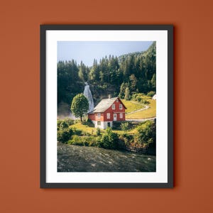 Red Cabin Norway Wall Art Print, Mountain & Waterfall Fine Art Photography, Scandinavian Landscape Decor, Rustic Nature Vibes, Original Art