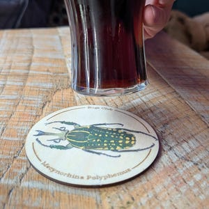 Op de afbeelding: Een ronde houten onderzetter met een gedetailleerde illustratie van een kever, met de tekst "Mecynorhina Polyphemus" en "Bugs Club". De onderzetter ligt op een houten tafel, met een glas donkere vloeistof erboven.