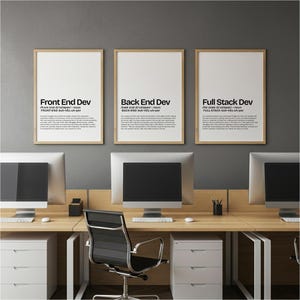 Pode incluir: Três cartazes emoldurados com texto: "Front End Dev", "Back End Dev" e "Full Stack Dev" pendurados acima de uma mesa com monitores de computador, teclados e uma cadeira de escritório preta. A mesa é de madeira clara e o fundo é cinza liso.