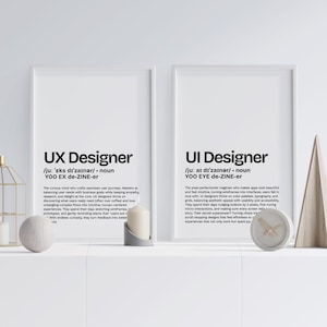 Puede incluir: Dos impresiones blancas enmarcadas con texto negro. La impresión izquierda dice "UX Designer" con una definición. La impresión derecha dice "UI Designer" con una definición. Artículos decorativos, incluyendo una vela y un reloj, están en el estante.