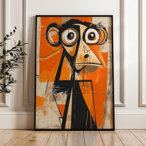 Kubistischer Affe Poster, abstrakte Tierwandkunst, grafischer Primatendruck, modernes orangefarbenes Dekor