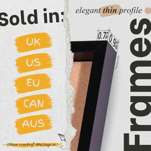 The image is a collage of various frames, including a black frame and a white frame, along with text indicating that the frames are sold in the UK, US, EU, and Australia.