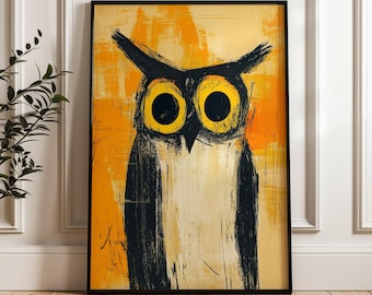 Owl Wall Art Print, Bold Graphic Animal Poster, Modern Yellow Bird Decor