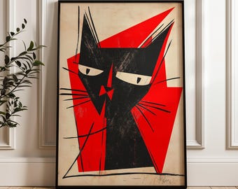 Geometric Cat Poster, Midcentury Modern Style Wall Art with Red Graphic Background