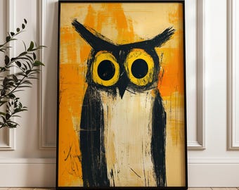 Owl Wall Art Print, Bold Graphic Animal Poster, Modern Yellow Bird Decor