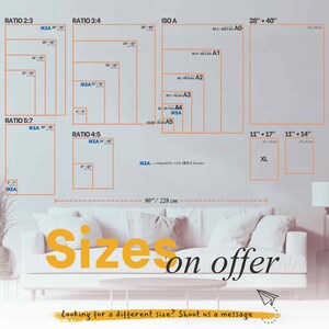 The image is a wall decal or poster that provides a visual representation of different sizes of IKEA furniture, such as couches and tables, along with their corresponding dimensions. The poster also includes the text "Sizes on offer" and a message encouraging viewers to "Look for a different size? Shoot us a message".