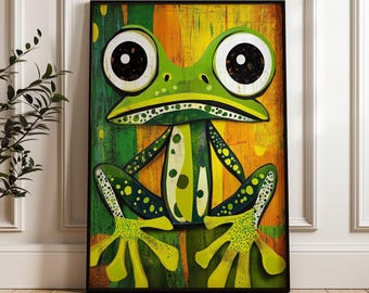 Frosch Wand-Kunst-Druck, originelles grünes Amphibien-Poster, buntes, modernes Tierdekor