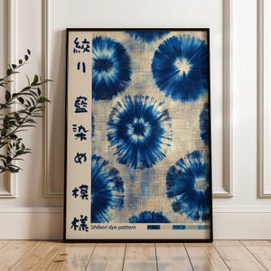 Shibori blauwe bloemenkunstprint, Japanse indigo wanddecoratie