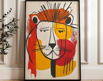 Muurkunst vetgedrukte leeuw, moderne dierenposter, kleurrijke grafische jungleprint, abstract leeuwdecor
