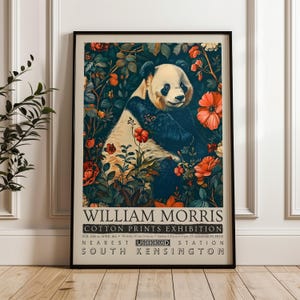 William Morris Vintage Panda Art Print: Floral Pattern on Dark Teal Background
