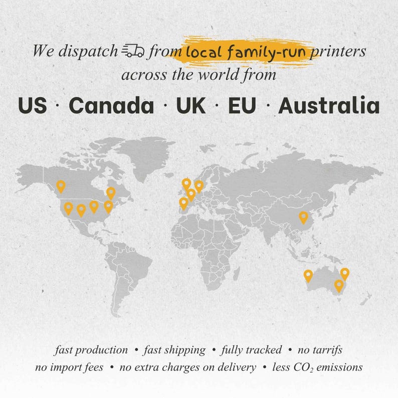The image is a world map with various locations marked, and it highlights that the company dispatches products from local family-run printers across the world.