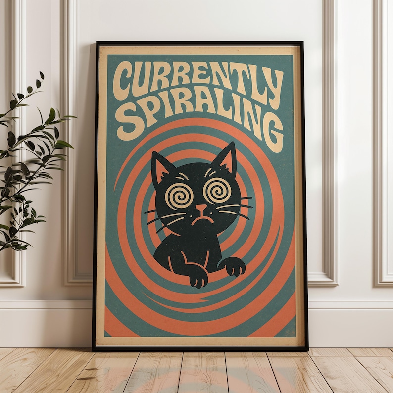 A dizzy-eyed cartoon black cat swirls at the center of concentric red and blue circles, with the phrase “Currently Spiraling” overhead.