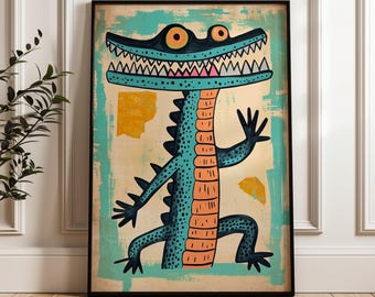 Crocodile Art Print, Picasso Style Poster, Playful Animal Wall Decor
