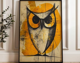 Modern Owl Wall Art, Bold Animal Poster, Abstract Graphic Bird Print, Yellow Owl Decor