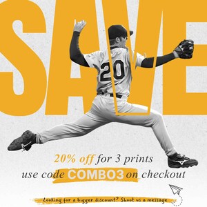 The image is a promotional poster for a baseball player, featuring a large "SAME" text in the background and a baseball player mid-pitch. The text suggests a 20% discount on 3 prints of COMBO3, and encourages customers to use the code on their checkout.