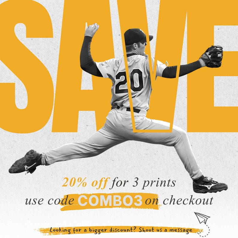 The image is a promotional poster for a baseball player, featuring a large "SAME" text in the background and a baseball player mid-pitch. The text suggests a 20% discount on 3 prints of COMBO3, and encourages customers to use the code on their checkout.