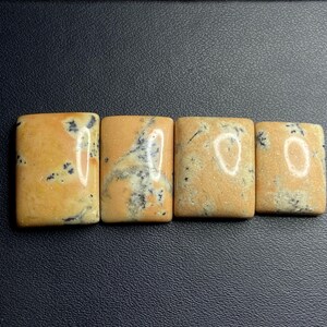 May include: Four rectangular, polished stones in a warm, orange-yellow colour, featuring detailed black and white veining. The stones are arranged in a row, displaying their unique patterns and textures. The background is a dark, textured surface.