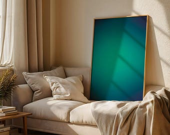 Lámina artística con degradado de aura verde azulado intenso, arte mural minimalista azul océano, póster abstracto turquesa melancólico, decoración zen para dormitorio