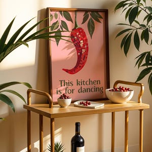 This Kitchen is for Dancing Art Print, Disco Chili Pepper Wall Decor, Retro Pink Kitchen Poster, Maximalist Fun Kitchen Gift, Kitsch Art