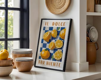 Il Dolce Far Niente Lemon Wall Art – Mediterranean Citrus Print | Italian Quote Poster, Kitchen Decor