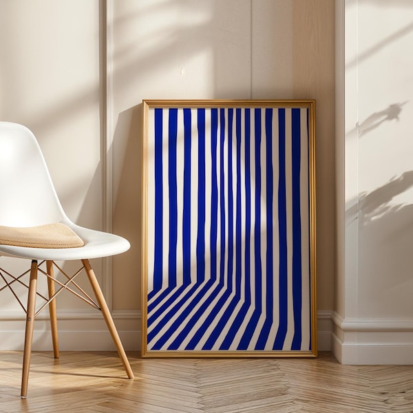 Pôster listrado azul e branco – Arte de parede em tela de algodão minimalista moderna, design geométrico abstrato