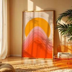 Retro Sun and Waves Art Print, 70s Sunset Landscape Poster, Mid Century Modern Abstract Mountain Wall Art, Groovy Pink and Orange Horizon