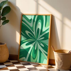 Retro Starburst Art Print, Modern Emerald Mint Swirl Poster, 70s Abstract Wave Wall Decor, Trendy Green Dopamine Dorm Gift Idea