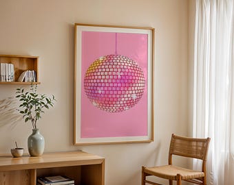 Pink Disco Ball Art Print, 70s Retro Party Wall Art, Aesthetic Disco Decor, Groovy Pink Gradient Poster, Colorful Mirror Ball Illustration