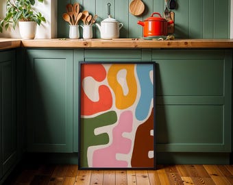 Retro Coffee Art Print, Colorful Groovy Kitchen Wall Art, Abstract Typography Poster, Wavy Coffee Station Decor, Vibrant Modern Boho Gift