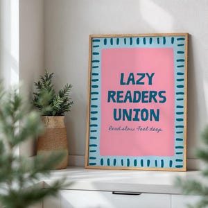 Lámina artística de Lazy Readers Union, decoración de pared para amantes de los libros, póster para rincón de lectura, regalo acogedor para el hogar u oficina, letrero minimalista tipográfico para miembros, póster