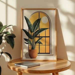 Bird of Paradise Plant Window Art Print, Boho Terracotta Pot Poster, Golden Sunset Arch Wall Decor, Mid Century Botanical Gift Idea