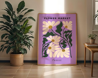 Prague Flower Market Poster, Lavender Floral Wall Art, Botanical Print, Mid Century Modern Flower Art