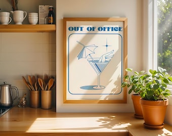 Out of Office Art Print, Retro Blue Cocktail Poster, Martini Glass Wall Art, Funny Office Decor, Coastal Aesthetic, Minimalist Gift for Her