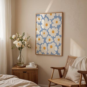 Blue Daisy Floral Pattern Art Print, White Yellow Flower Wall Art, Modern Coastal Aesthetic Decor, Preppy Dorm Room Poster, Gift