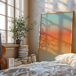 Eterisk gyllene timmen konsttryck, minimalistisk horisontposter, orangeblå ombre väggkonst, modern atmosfärisk inredning, fridfull himmelsdekoration