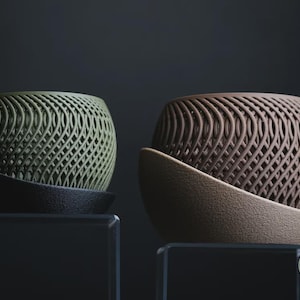 Vaso intrecciato stampato in 3D con sottovaso – Vaso con texture a cestino reticolato – Decorazione per piante in stile boho